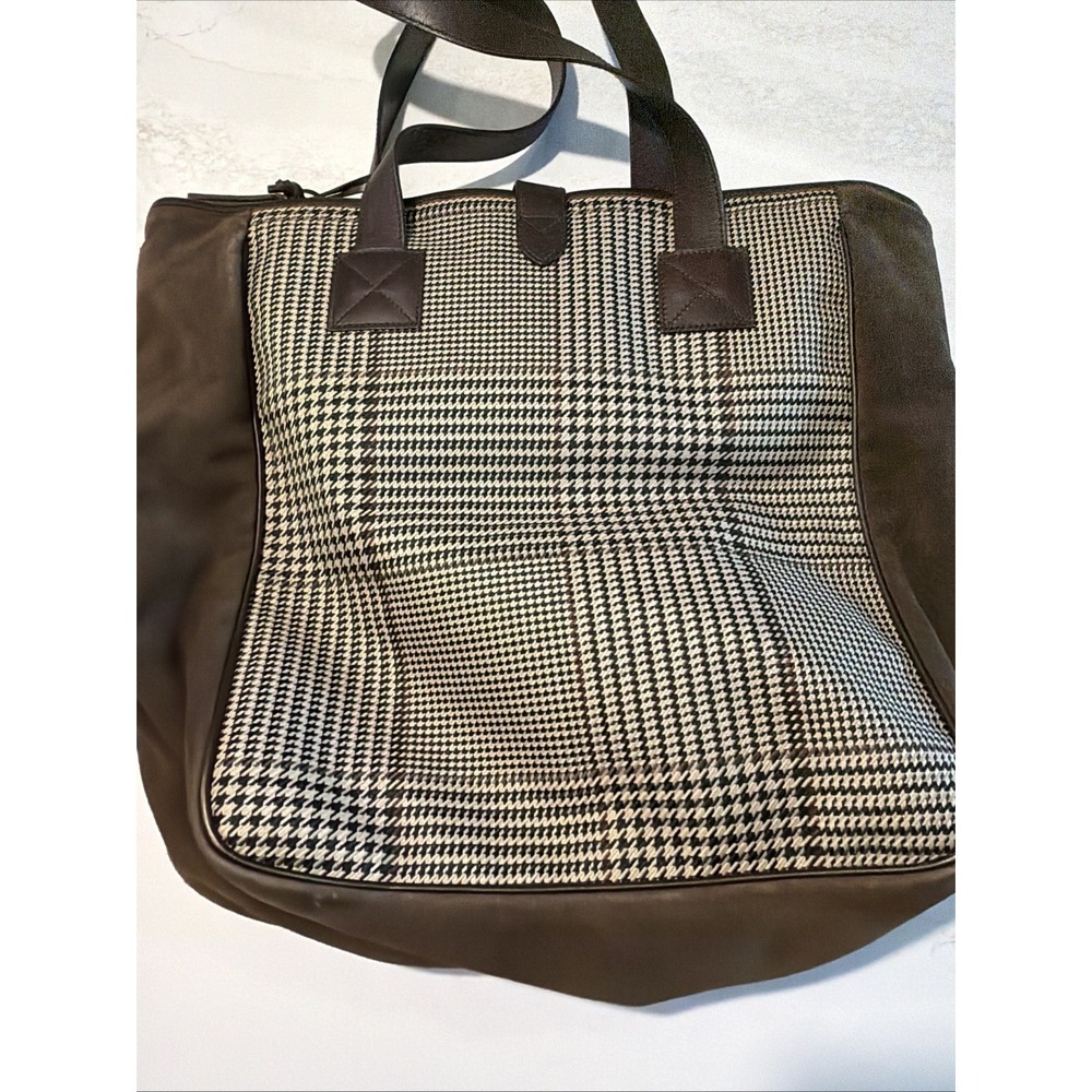 Ralph Lauren Herringbone Plaid Suede Tote Bag Large Brown Leather Handles Laptop - Picture 7 of 16